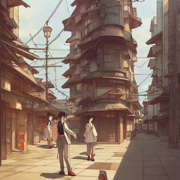 Image similar to empty japanese city, spring, in the style of studio ghibli, j. c. leyendecker, greg rutkowski, artem