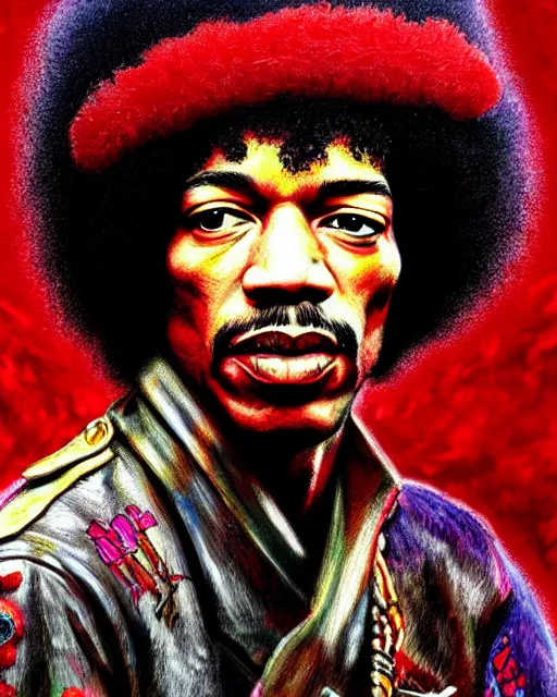 Prompt: highly detailed closeup, of jimi hendrix, dressed in a red mushroom hat and clothes, full face view, on a battlefield, hyper realistic, psychedelic, illustration, digital paint, matte paint, vivid colors, detailed and intricate environment