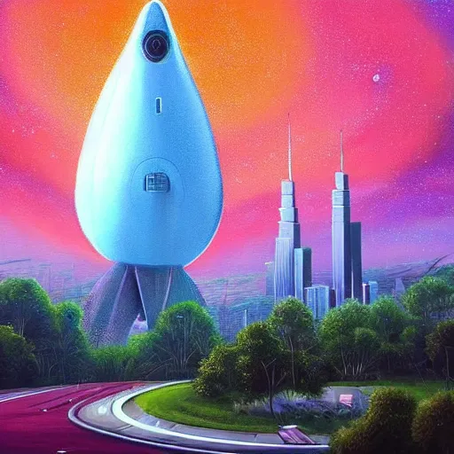 Image similar to Beautiful city of the future in harmony with nature, spaceship in the background. Nice colour scheme, soft warm colour. Beautiful painting by Lurid. (2022)