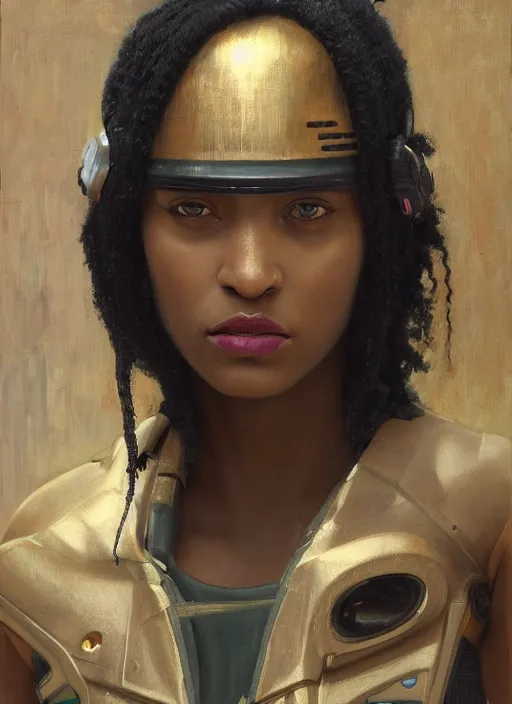 Image similar to Isabel igwe. cyberpunk mercenary wearing a futuristic helmet and combat jumpsuit. (Cyberpunk 2077, bladerunner 2049). Iranian orientalist portrait by john william waterhouse and Edwin Longsden Long and Theodore Ralli and Nasreddine Dinet, oil on canvas. Cinematic, vivid colors, hyper realism, realistic proportions, dramatic lighting, high detail 4k