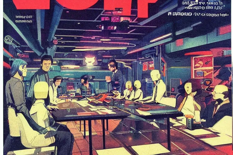 Prompt: 1979 OMNI Magazine Cover of an underground meeting around a table. On the table are blueprints of a robot. Location in neo-Tokyo in cyberpunk style by Vincent Di Fate