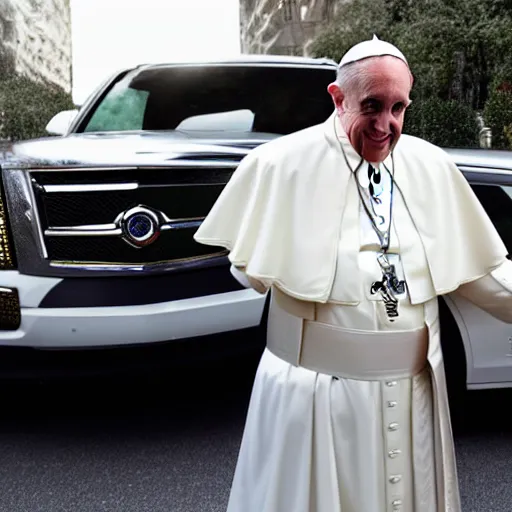 Prompt: The pope wearing a gangster chain and throwing gang signs in front of a white escalade, 4k, digital photograph