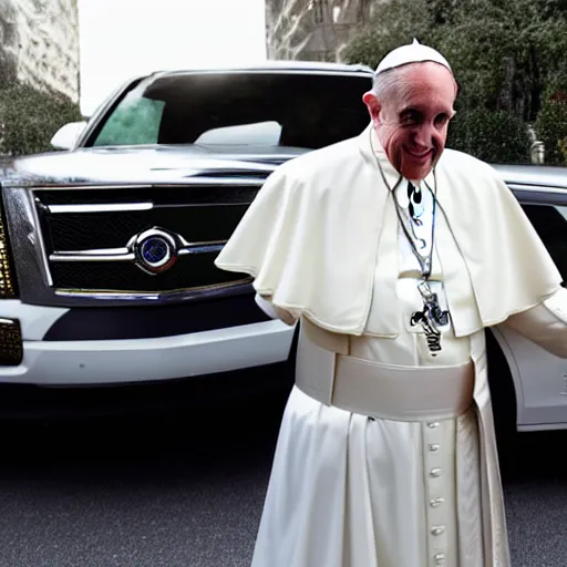 Image similar to The pope wearing a gangster chain and throwing gang signs in front of a white escalade, 4k, digital photograph