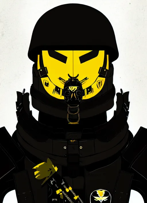 Image similar to a portrait of a vicious helldiver scout soldier, black armor with yellow accents, closeup on face, ilya kuvshinov, pop - art, pixiv top monthly, trending on artstation, cinematic, danbooru, zerochan art, kyoto animation