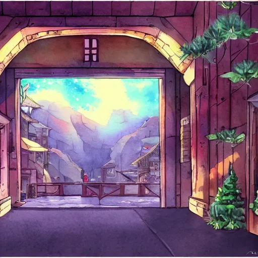 Prompt: gibli studio background anime style background watercolor painting, hayao miyazaki painting