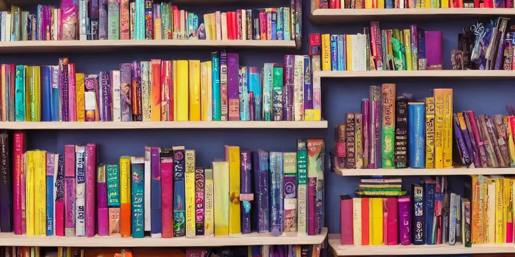 Prompt: a bookshelf full of colorful magic potions