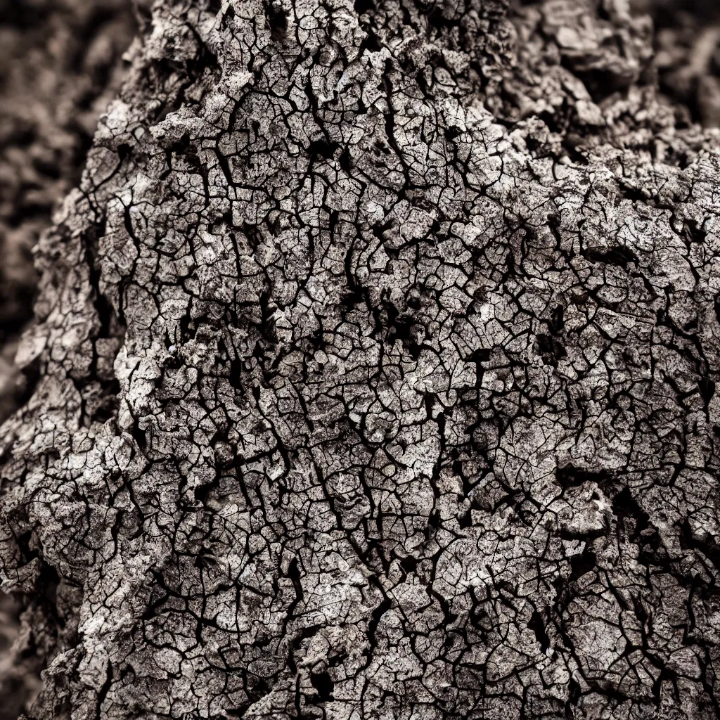 Prompt: macro of a dry and dead tree in a forest of coal and eroded stones, dust, wind, dirt, advertising photography