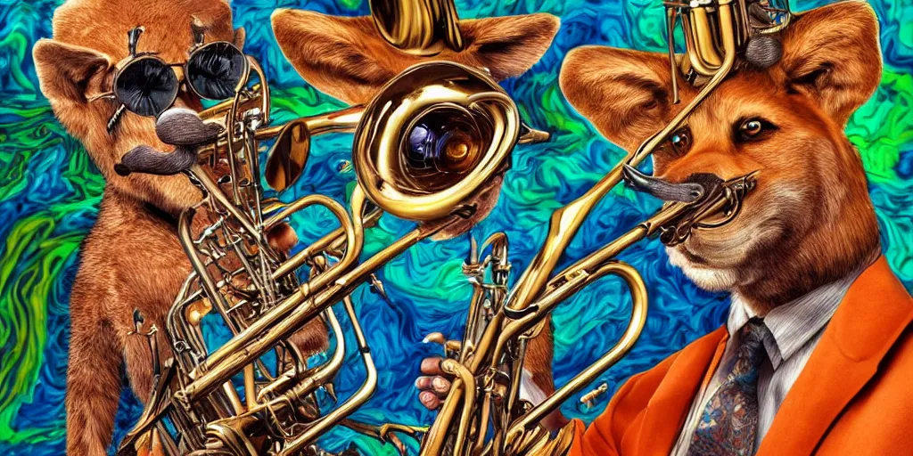 Image similar to highly detailed digital artwork of a dingo - man dingo man dingoman chimera with a salvador dali mustache. he is playing the psychedelic trumpet electronic trumpet.