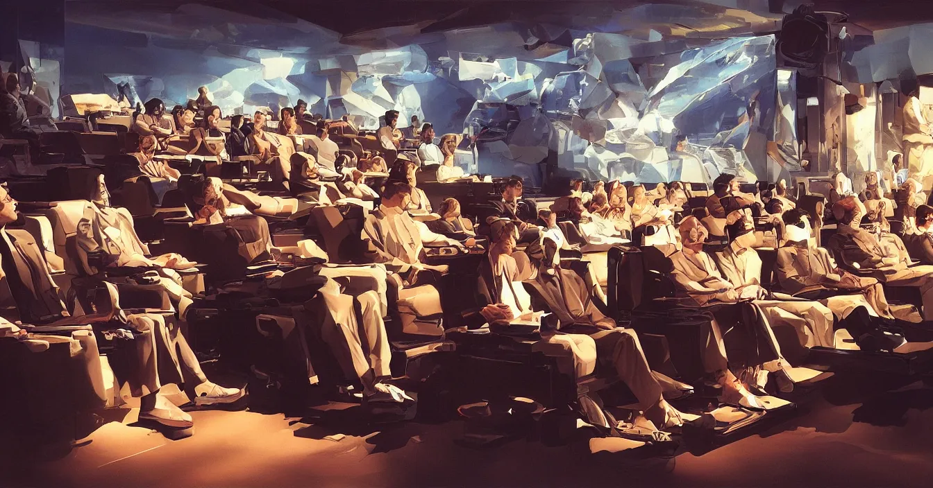 Prompt: human beings sit in the cinema and watch the illusions of their lives on the screens of life, which project the light of consciousness, realistic, deep sense of spirituality, contrast shading, unreal engine, vray, style of syd mead