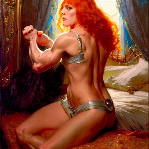 Prompt: john cena ring gear is in his bed, nervous and terrified, because becky lynch from hell is attacking him. highly detailed painting by gaston bussiere, j. c. leyendecker, greg rutkowski, craig mullins 8 k