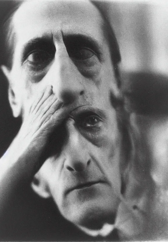 Image similar to a close - up casual photo of marcel duchamp with playful eyes, 1 9 2 0 s monochrome snapshot, graflex 4 x 5, f 1. 8, 3 5 mm, ilford delta 3 2 0 0 pro