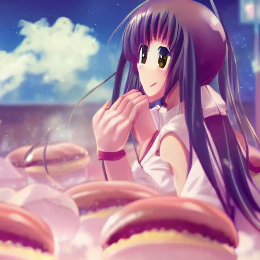 Image similar to an anime girl having a dream about doughnuts, anime concept art, 4k