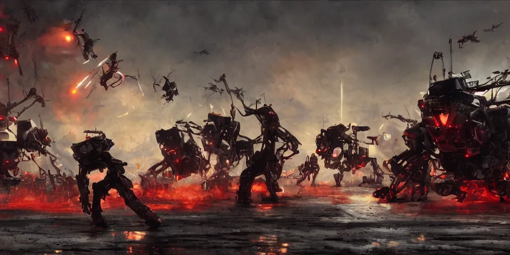 Prompt: concept art, of [ rage against the machine ] band memebers, very close shot!!! humans fighting with robots behind!!, detailed, dark concept art, dark skies painting by wlop, nixeu and greg rutkowski, beautiful, semirealism, artstation, octane render, oil painting, sharpness, 8 k, golden ratio