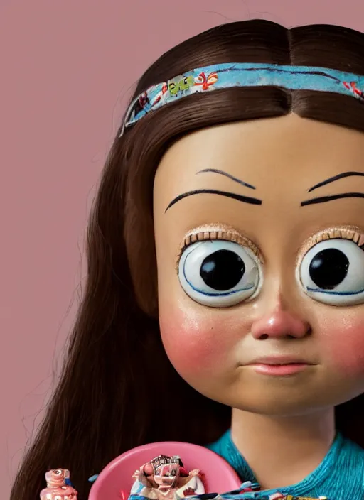 Prompt: closeup face profile portrait of tin toy greta thunberg as a bikini model eating cakes, depth of field, zeiss lens, detailed, symmetrical, centered, fashion photoshoot, by nicoletta ceccoli, mark ryden, lostfish, breathtaking, 8 k resolution, extremely detailed, beautiful, establishing shot, artistic, hyperrealistic, octane render