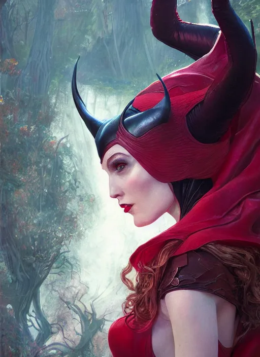 Image similar to scarlet witch as maleficent, naturel, hyper detailed, digital art, trending in artstation, cinematic lighting, studio quality, smooth render, unreal engine 5 rendered, octane rendered, art style by klimt and nixeu and ian sprigger and wlop and krenz cushart