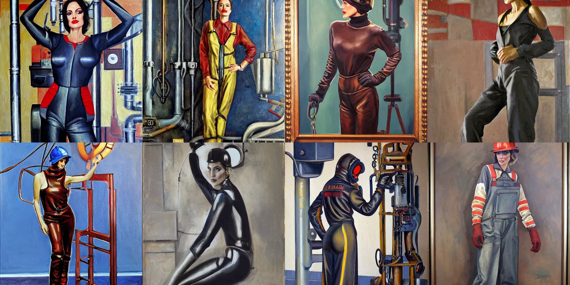 Prompt: symmetrical oil painting of full - body angelina jolie posing in steelworker welder costume by samokhvalov from 1 9 2 0 s