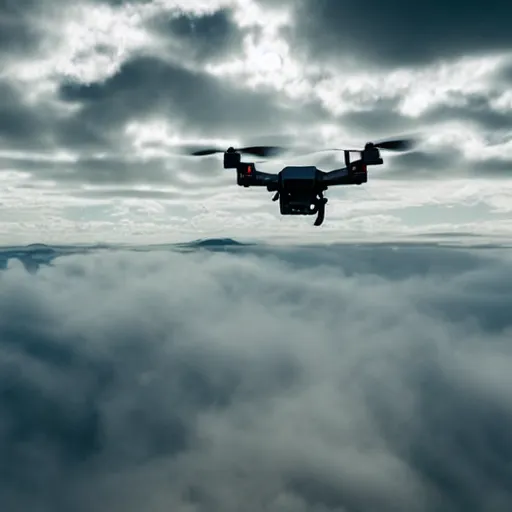 Image similar to cinematic areal shot of three drones flying through the clouds