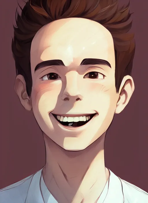 Prompt: a white young man with a big smile, prominent big eyes, wise forehead, big lips, round portruding chin, background full of brown flowers, standout colours, thin sharp lines, digital painting, artstation, matte, sharp focus, illustration, realistic anime moe artstyle