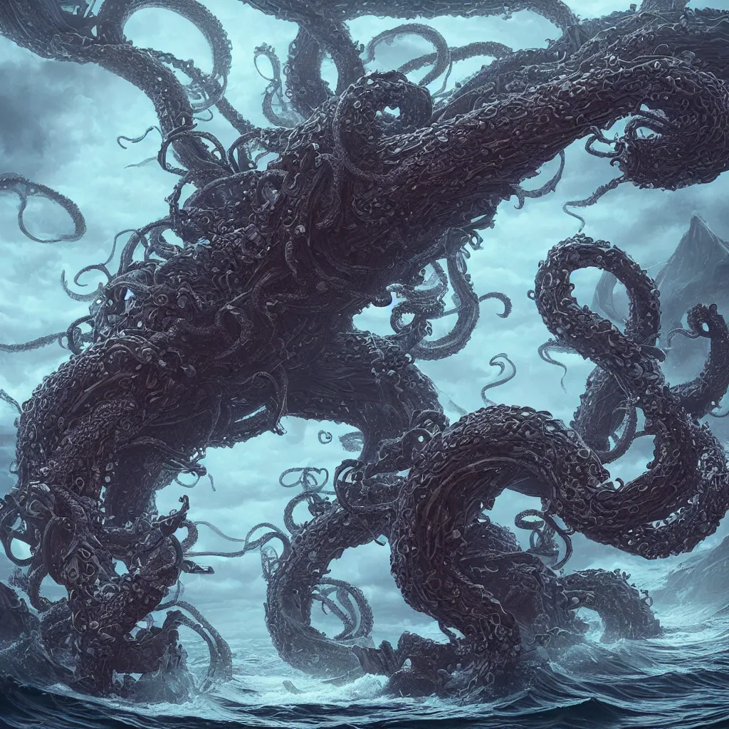 Image similar to a kraken corrupted by demonic power rising out of a stormy sea, intricate artwork by Tooth Wu and wlop and beeple. octane render, trending on artstation, greg rutkowski very coherent symmetrical artwork. cinematic, hyper realism, high detail, octane render