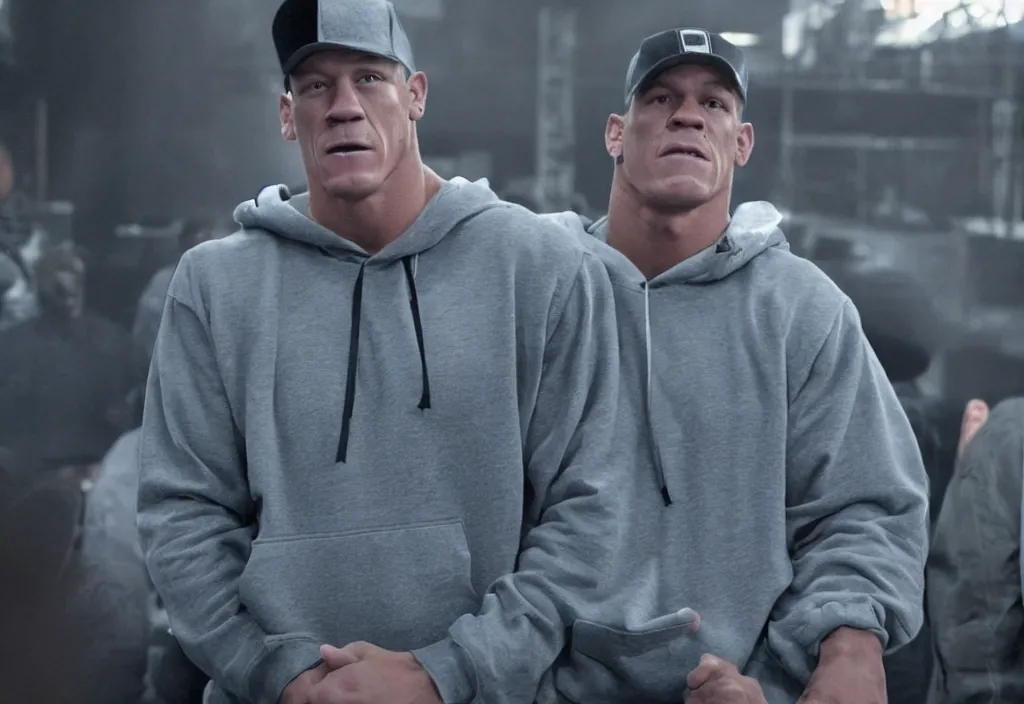 Prompt: john cena with a gray cap and a gray hoodie with the hood on. John Cena rapping in front of a crowd of people. Industrial setting. Lose yourself by eminem music video.