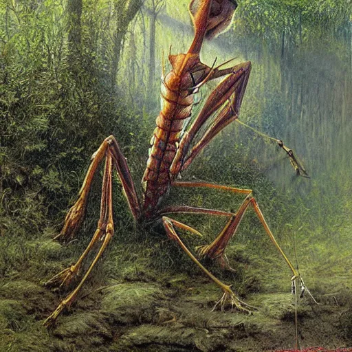 Image similar to antropromorphic stick insect, stick insect standing and talking like a human being, fantasy concept art, painting by Bob Eggleton