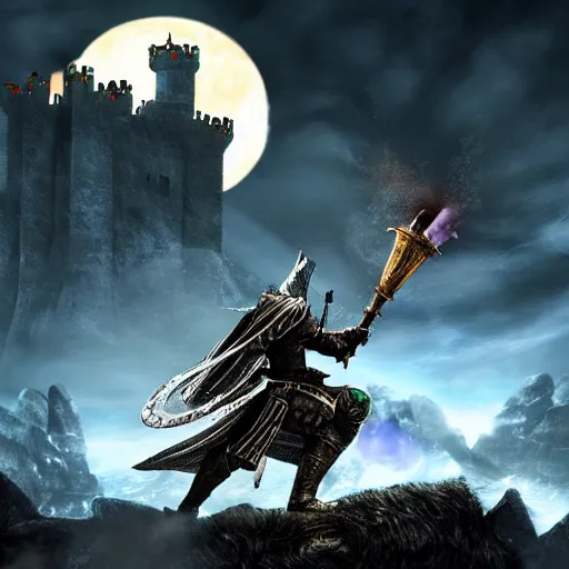 Image similar to A knight from Dark Souls, fighting a fire breathing PopTart, on top of a castle, under a full moon