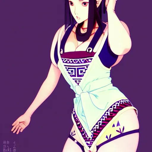 Image similar to a beautiful plus sized model japanese natalie portman, alluring plus sized model, wearing mayan leotard with elegant mayan apron overalls, street fashion hip hop style with mayan patterns, aztec street fashion, gapmoe yandere grimdark, trending on pixiv fanbox, painted by greg rutkowski makoto shinkai takashi takeuchi studio ghibli, akihiko yoshida