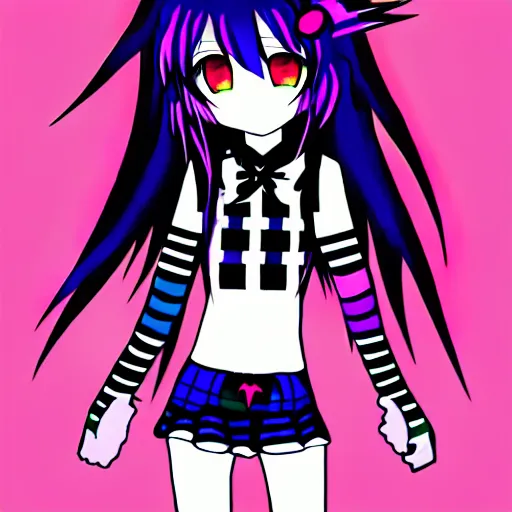 Image similar to emo anime girl, scene, rainbowcore, vhs monster high, glitchcore witchcore, checkered spiked hair, pixiv