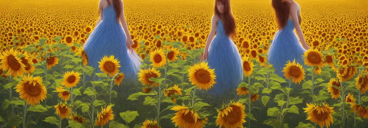 Image similar to beautiful young girl dancing in a fiery dress in a beautiful field of sunflowers and lilies, high detail, very realistic, by greg rutkowski, by james gurney ultra clear detailed, digital painting by ( ( makoto shinkai ) ), moebius moebius, surrealism, trending on artstation