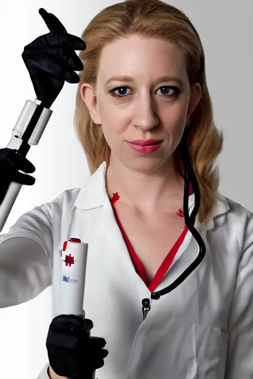 Image similar to elizabeth holmes as a psychopath nurse holding a giant syringe, cosplay, studio lighting, marvel, villainess