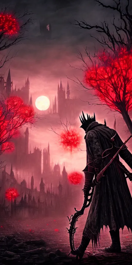 Prompt: populated bloodborne old valley with a obscure person at the centre and a ruined gothic city in the background, trees and stars in the background, falling red petals, epic red - orange moonlight, perfect lightning, wallpaper illustration by niko delort and kentaro miura, 4 k, ultra realistic