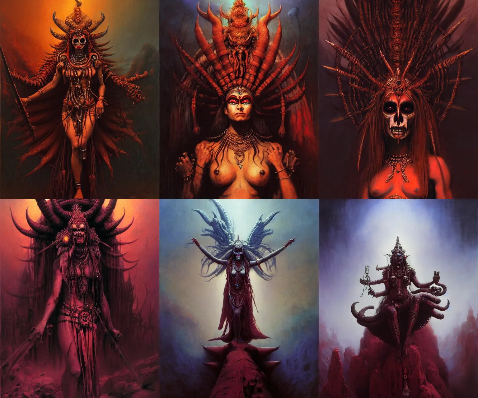 Prompt: A cinematic closeup portrait of the colossal Indian Hindu demon Satan goddess princess mistress of Death, by Rembrandt van Rijn, by Wayne Barlowe, by Paul Lehr, by Bruce Pennington, by Zdzisław Beksiński, oil on canvas, masterpiece, trending on artstation, featured on pixiv, cinematic composition, dramatic pose, beautiful lighting, sharp, details, details, hyper-detailed, no frames, 8K