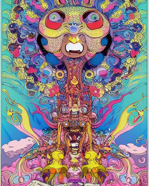 Image similar to bicameral humanoid mythical beast, fantastical, cute, and beautiful hybrid of different animals, a humorous psychedelic creature concept design by Moebius, Studio Ghibli, Toru Narita, in the style of Takashi Murakami, symmetrical 4K