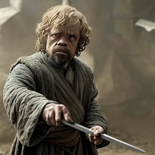 Image similar to yoda as tyrion lannister holding a crossbow in game of thrones, movie still