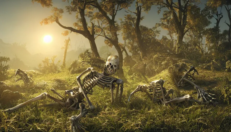 Prompt: hyper realistic highly detailed nature photography of skeleton zombies, prehistoric planet, volumetric lighting, octane render, 4 k resolution, golden hour