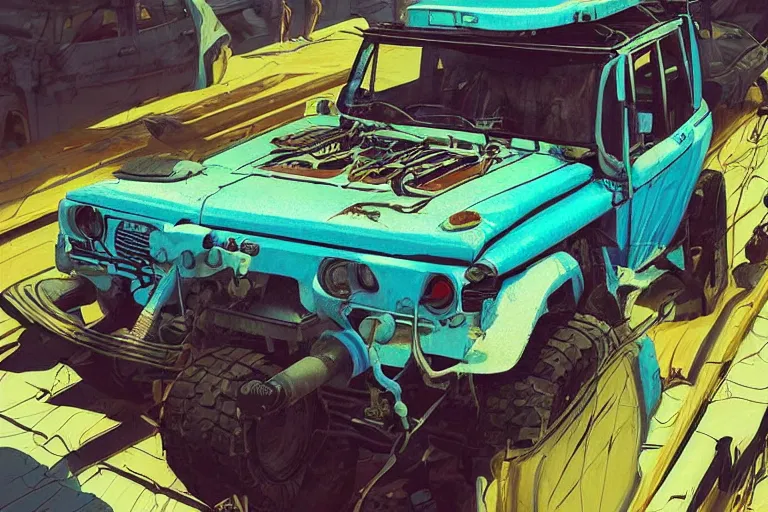 Image similar to digital illustration of a futuristic faded cyan mad max's fj 4 0 decrepit!!!! pursuit special, rusty!!! cyberpunk nissan fj cruiser heavily modded 1 9 9 0 s, the last v 8 interceptor by makoto shinkai, ilya kuvshinov, lois van baarle, rossdraws, basquiat