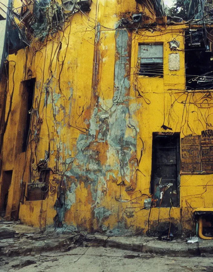 Prompt: vintage color photo of a liquid gold sculpture in a south american alley, image by werner herzog