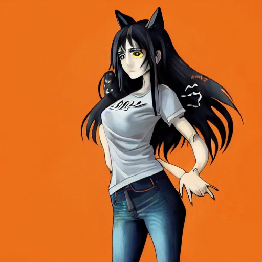 Image similar to anime wolf girl with wild black hair, glowing orange eyes and charcoal skin wearing a t-shirt and jeans, digital art, art station, illustration, highly detailed, artwork