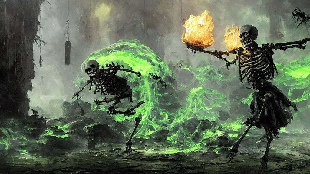 Image similar to A highly detailed oil painting by Greg Rutkowski and Afremov of a skeleton wearing black robes making a potion glowing bright green in a huge bubbling cauldron, highly detailed fantasy concept artwork, very realistic.