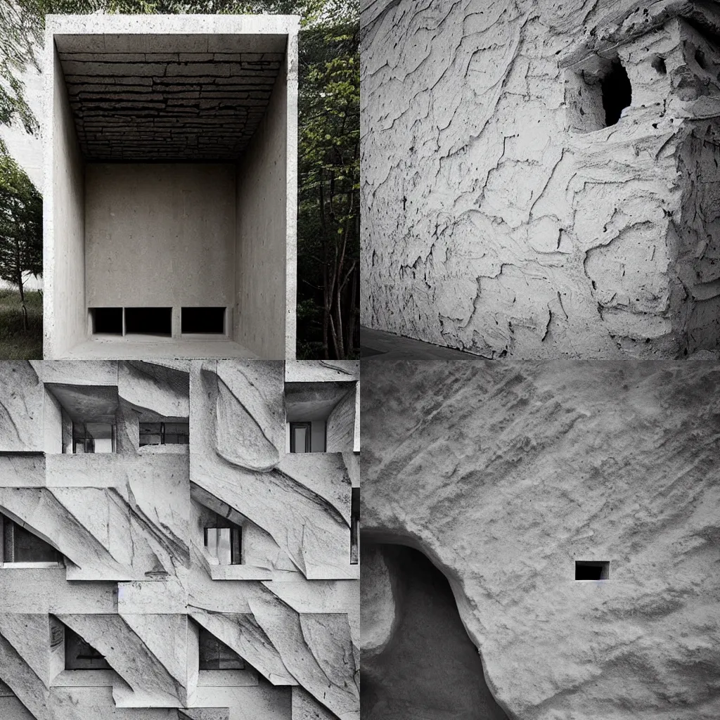 Prompt: “a house made from eroded marble and fibrous fabric”