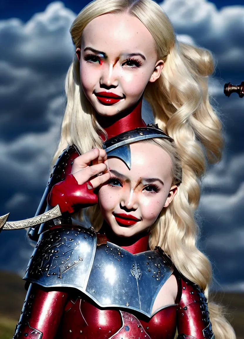 Image similar to dove cameron in a knight armor, full plate, photography, movie poster, red lipstick, blood stains, hair in the wind, shiny armor, victorious on a hill, battle field, full body, sword pointed at sky