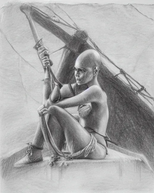 Prompt: A beautiful woman warrior on a faded background of a pirate ship at a deserted island, realism pencil drawing on white paper, bald lines