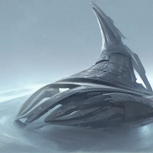 Image similar to concept art of a large space vessel in the shape of an spear by paul chadeisson