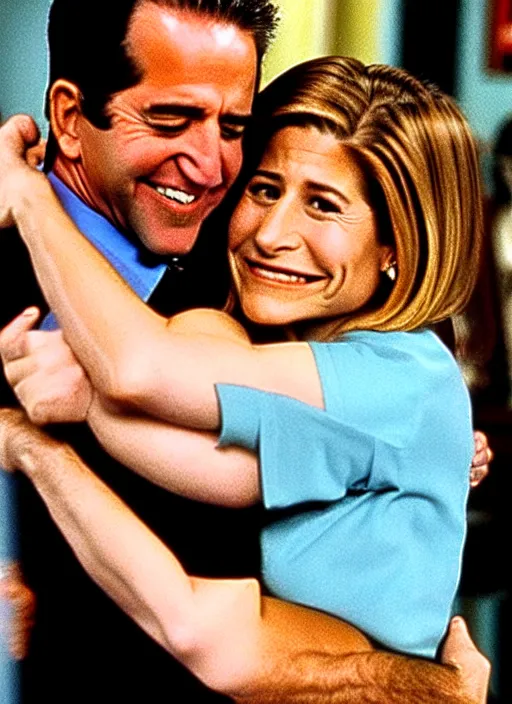 Image similar to film still of joe biden hugging rachel green in the show friends