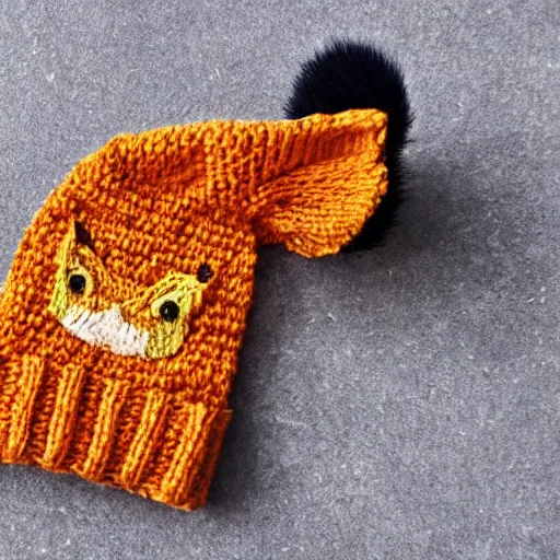 Prompt: a knitted hat that looks like a fox, very detailed, product photo