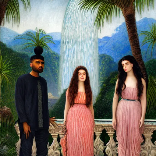 Image similar to a ultradetailed beautiful painting of lorde, frank ocean, the weeknd and lana del rey standing in front of the diamonds waterfall in the amazonas palace balustrade designed by jules bastien - lepage, tarsila do amaral, frank weston and gustave baumann, beach, trending on artstation, mediterranean, palm trees, sharp focus, soft light, 8 k 4 k