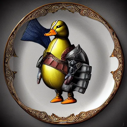 Image similar to armored duck, duck wearing medieval plate armor, illustration, detailed, trending on artstation, fantasy art