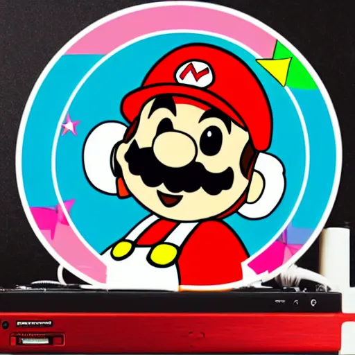 Image similar to svg sticker of a Pop-Wonder SuperMario, Mario-Wearing-a-red-hat, at a rave, spinning records, giant headphones rocking out, wearing headphones, huge speakers, dancing, rave, DJ, spinning records, digital art, amazing composition, rule-of-thirds, award-winning, trending on artstation, featured on deviantart