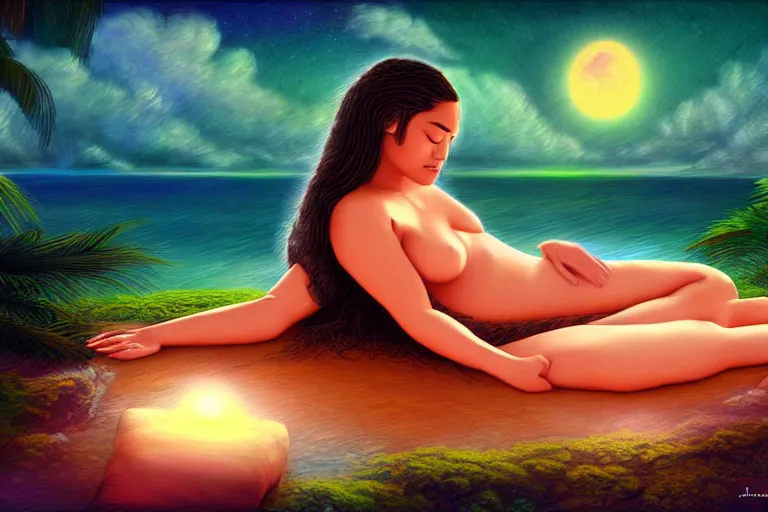 Prompt: polynesian sleeping sitting goddess, photo lemurian night, detailed soft digital fantasy art