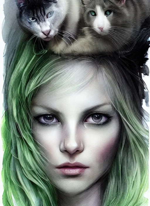 Image similar to blonde woman with green eyes kisses a grey white cat with green eyes, watercolor, dramatic lighting, cinematic, establishing shot, extremly high detail, foto realistic, cinematic lighting, pen and ink, intricate line drawings, by Yoshitaka Amano, Ruan Jia, Kentaro Miura, Artgerm, post processed, concept art, artstation, matte painting, style by eddie mendoza, raphael lacoste, alex ross